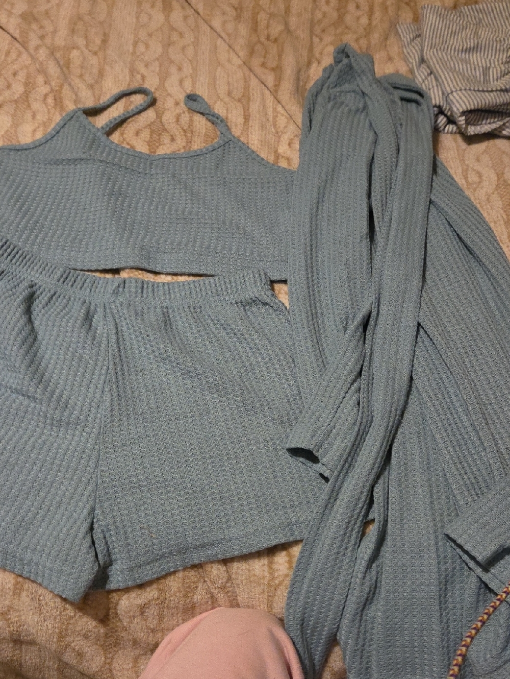 Three-Piece Waffle Knit Lounge Set in Dusty Blue With Robe